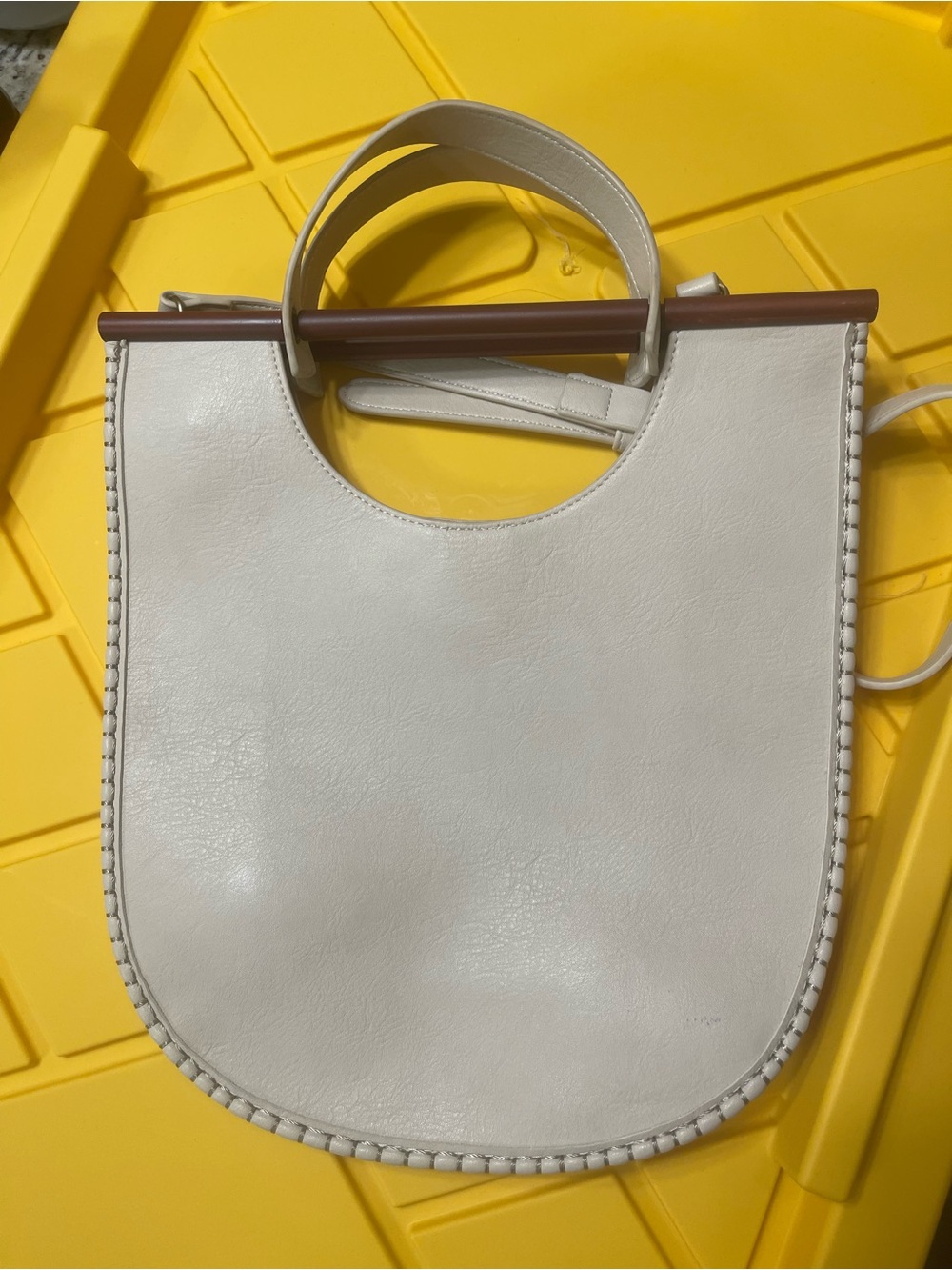 Anthropologie Cream Faux-Leather Shoulder Bag with Brown Wood Accent